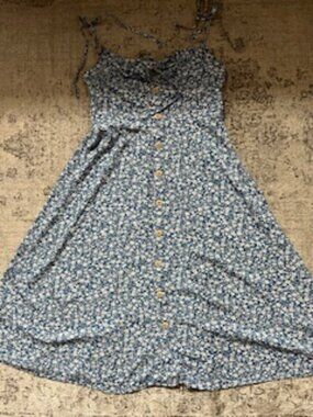 🧡 3/15 Blush BJ Blue Floral Midi Dress Spaghetti Straps Button Down Women's S